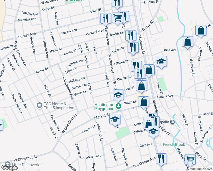 map of restaurants, bars, coffee shops, grocery stores, and more near 104 French Avenue in Brockton
