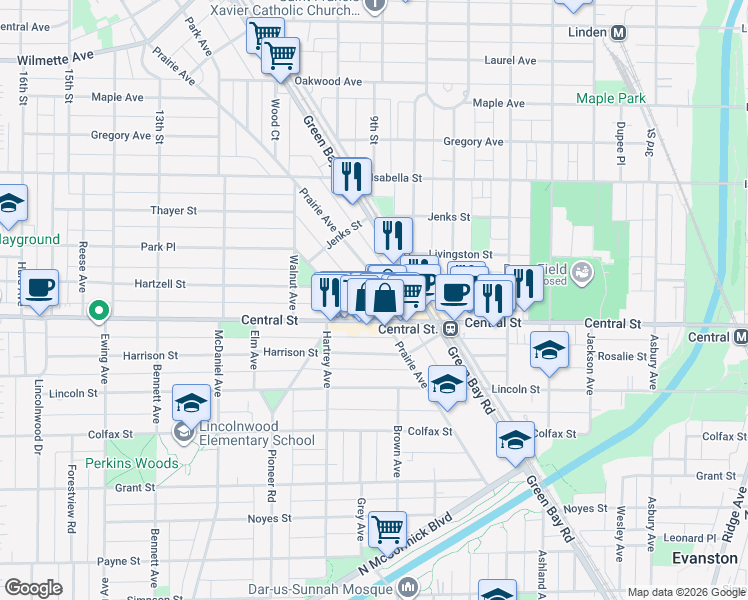 map of restaurants, bars, coffee shops, grocery stores, and more near 2018 Central Street in Evanston