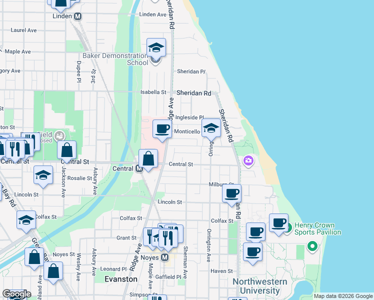 map of restaurants, bars, coffee shops, grocery stores, and more near 725 Central Street in Evanston