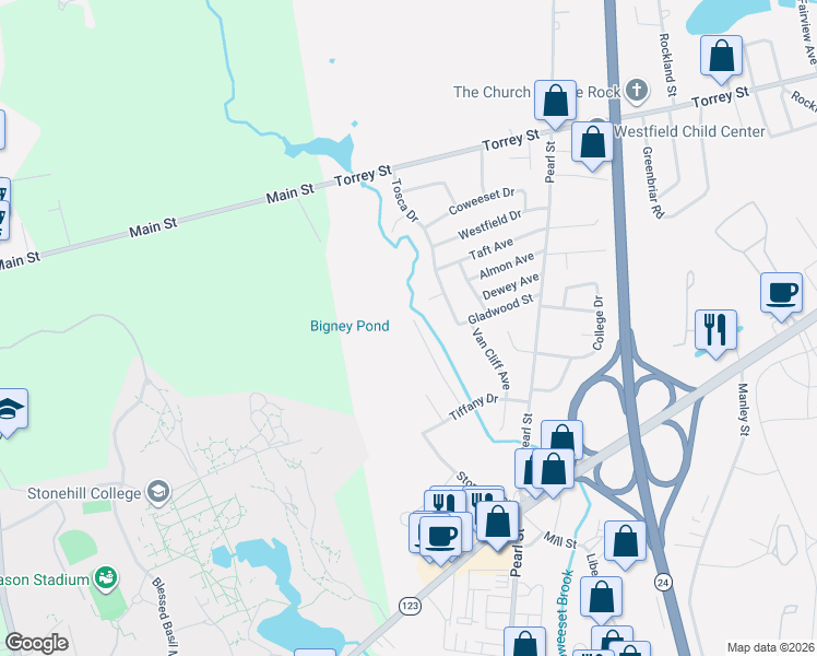 map of restaurants, bars, coffee shops, grocery stores, and more near 100 Hatchfield Drive in Brockton