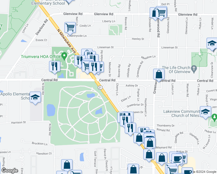 map of restaurants, bars, coffee shops, grocery stores, and more near 508 Cherry Circle in Glenview