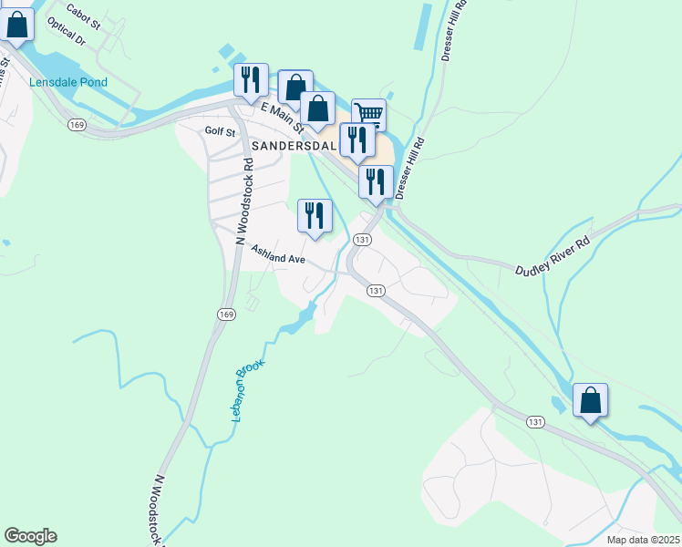 map of restaurants, bars, coffee shops, grocery stores, and more near 141 Ashland Avenue in Southbridge