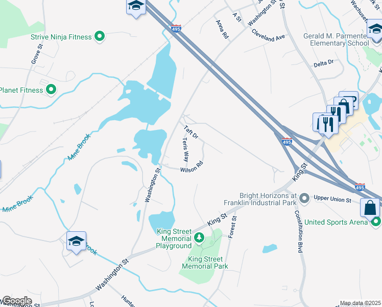 map of restaurants, bars, coffee shops, grocery stores, and more near 10 Wilson Road in Franklin