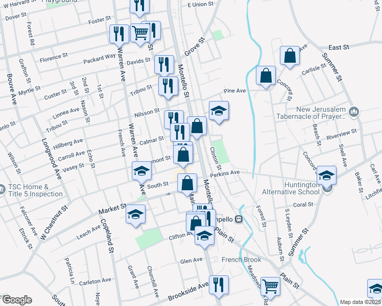 map of restaurants, bars, coffee shops, grocery stores, and more near 13 Snell Place in Brockton