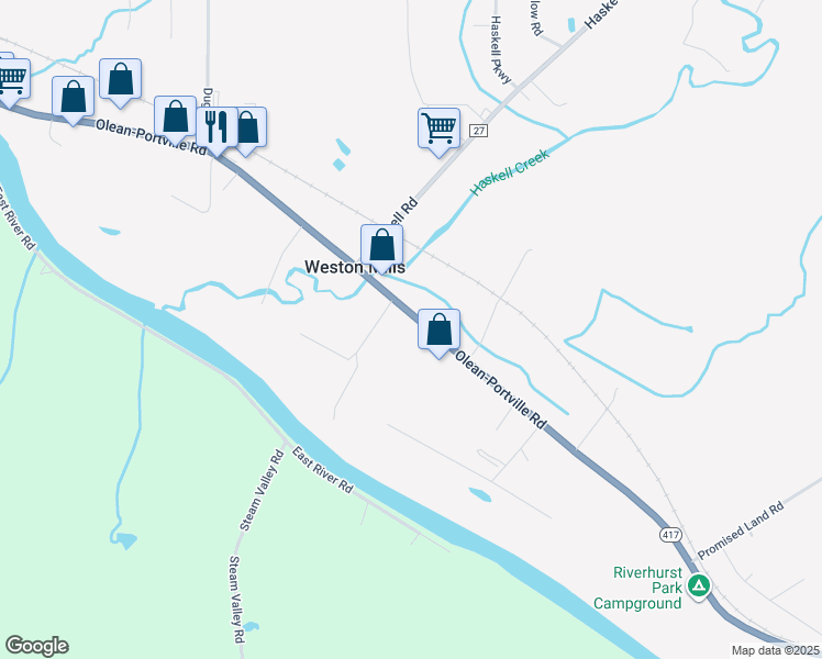 map of restaurants, bars, coffee shops, grocery stores, and more near 1445 Olean-Portville Road in Olean
