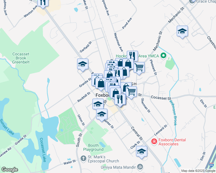 map of restaurants, bars, coffee shops, grocery stores, and more near in Foxborough
