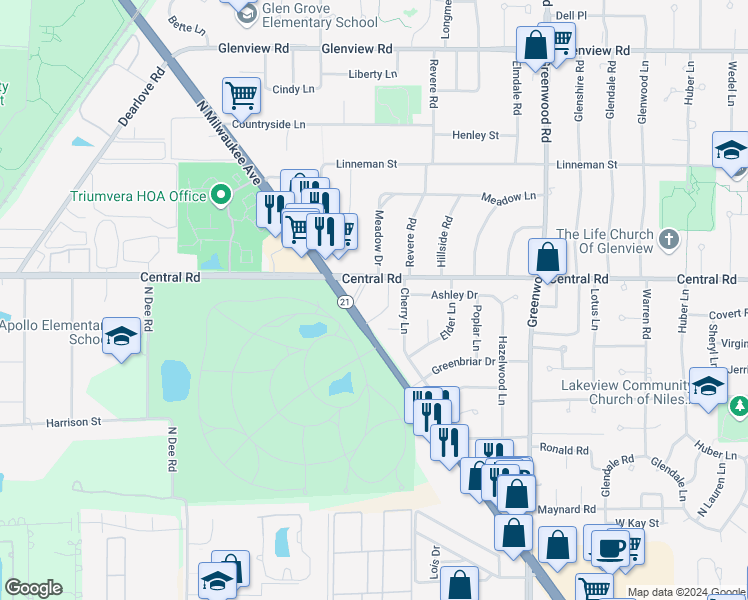 map of restaurants, bars, coffee shops, grocery stores, and more near 508 Cherry Circle in Glenview
