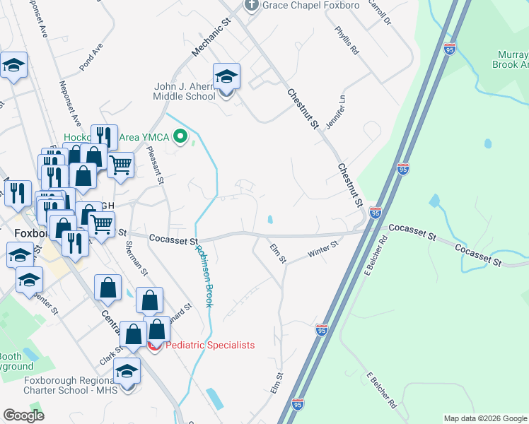 map of restaurants, bars, coffee shops, grocery stores, and more near 3 Fuller Road in Foxborough