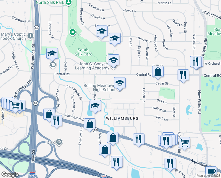 map of restaurants, bars, coffee shops, grocery stores, and more near 2901 Central Road in Rolling Meadows