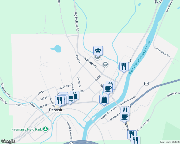 map of restaurants, bars, coffee shops, grocery stores, and more near 66 Pine Street in Deposit