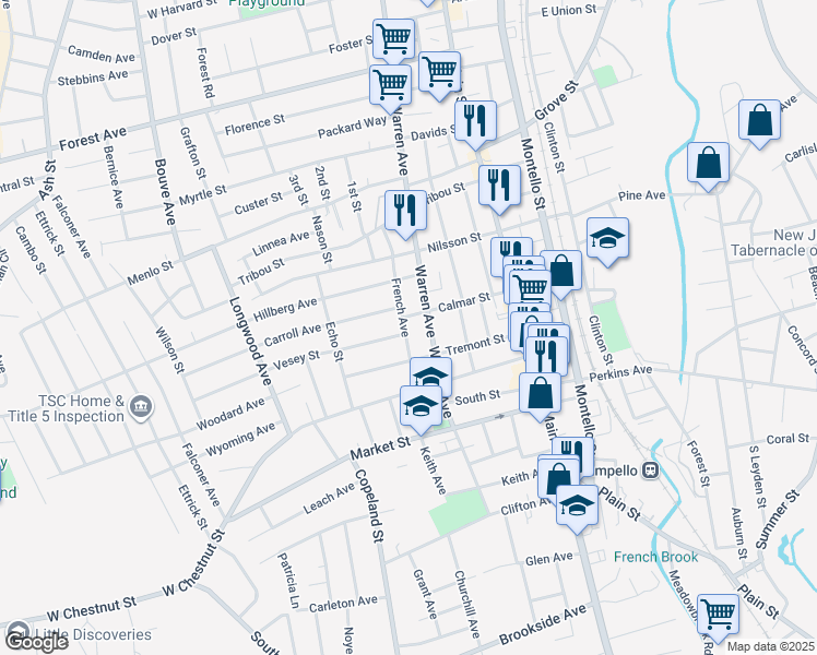map of restaurants, bars, coffee shops, grocery stores, and more near 86 French Avenue in Brockton