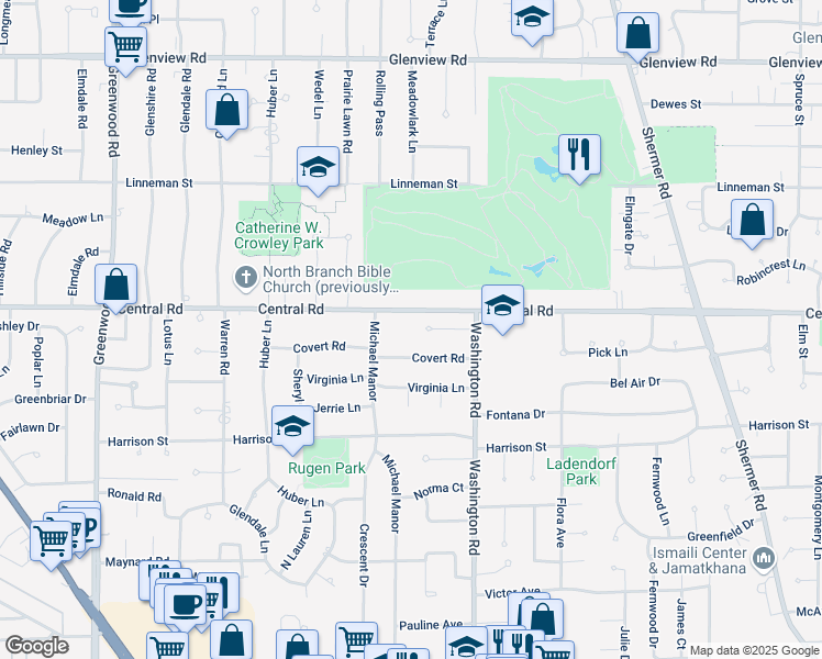 map of restaurants, bars, coffee shops, grocery stores, and more near 2816 Covert Road in Glenview