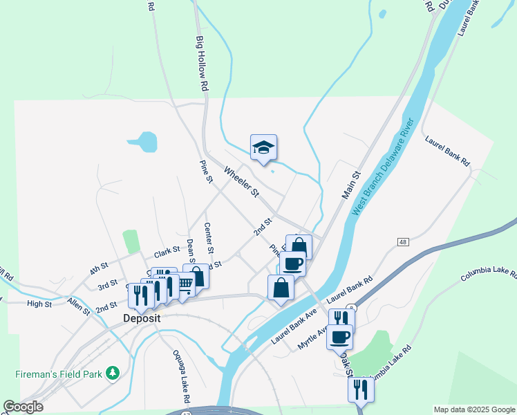 map of restaurants, bars, coffee shops, grocery stores, and more near 155 2nd St in Deposit