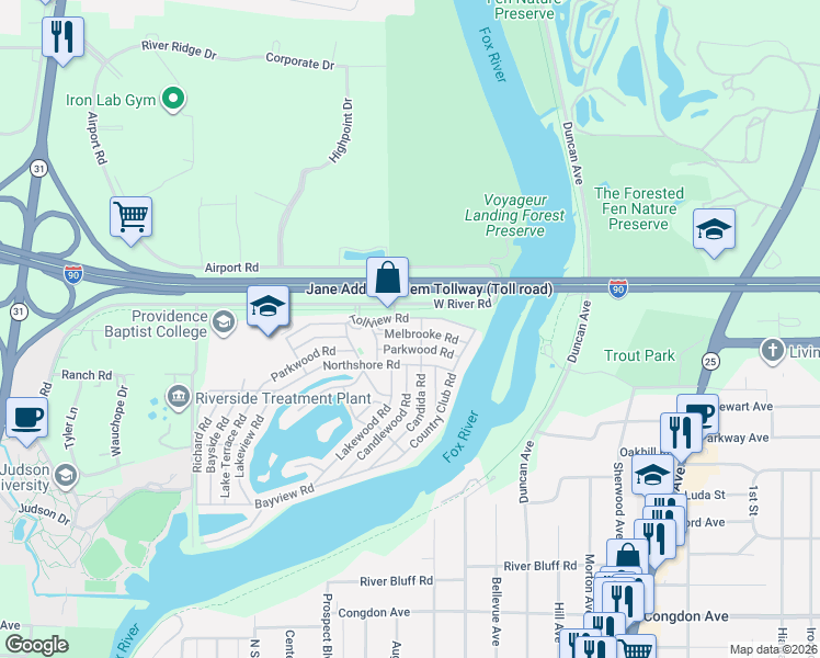 map of restaurants, bars, coffee shops, grocery stores, and more near 120 Parkwood Road in Elgin