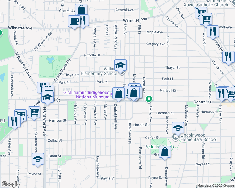 map of restaurants, bars, coffee shops, grocery stores, and more near 2619 Central Park Avenue in Evanston