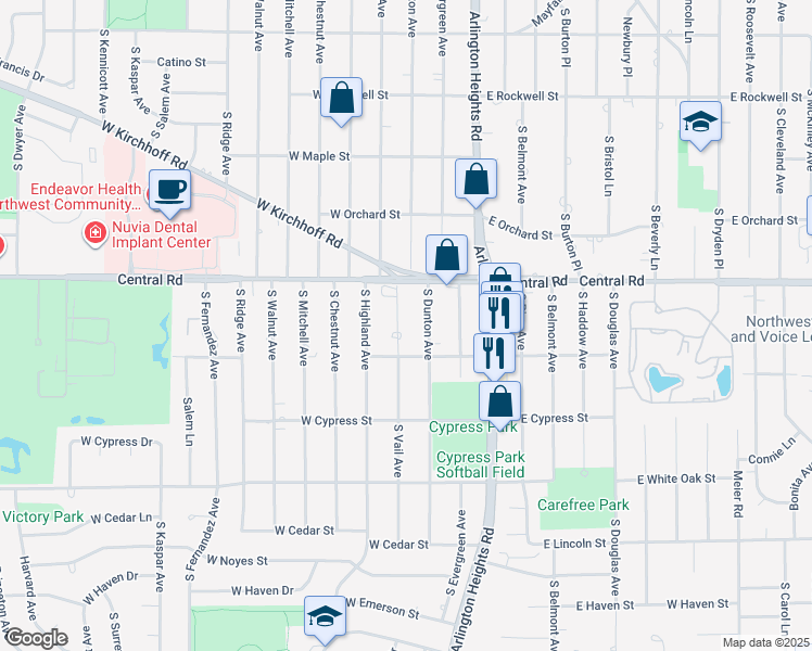 map of restaurants, bars, coffee shops, grocery stores, and more near 1029 South Vail Avenue in Arlington Heights