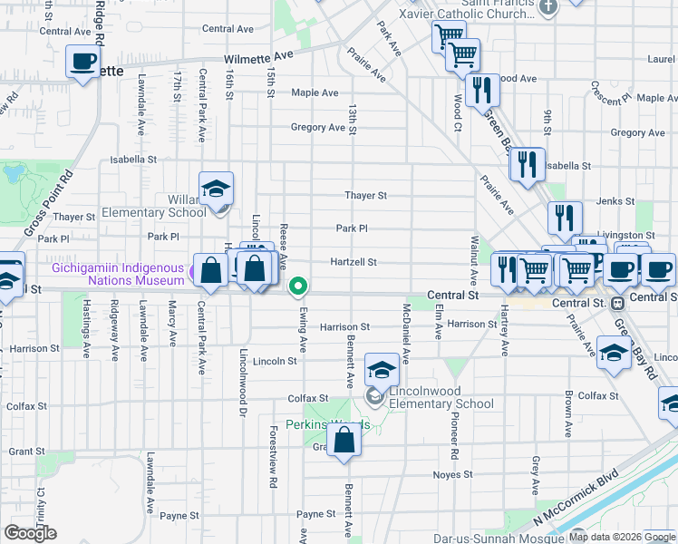 map of restaurants, bars, coffee shops, grocery stores, and more near 2602 Bennett Avenue in Evanston