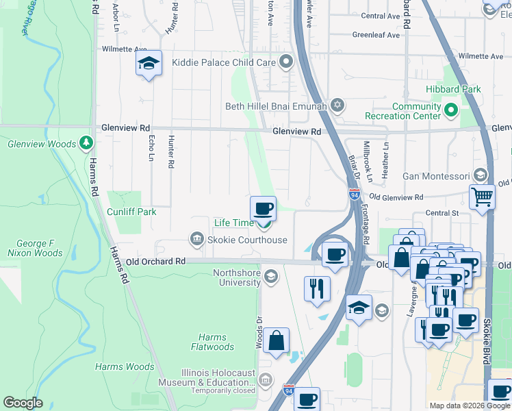 map of restaurants, bars, coffee shops, grocery stores, and more near Woods Drive in Glenview