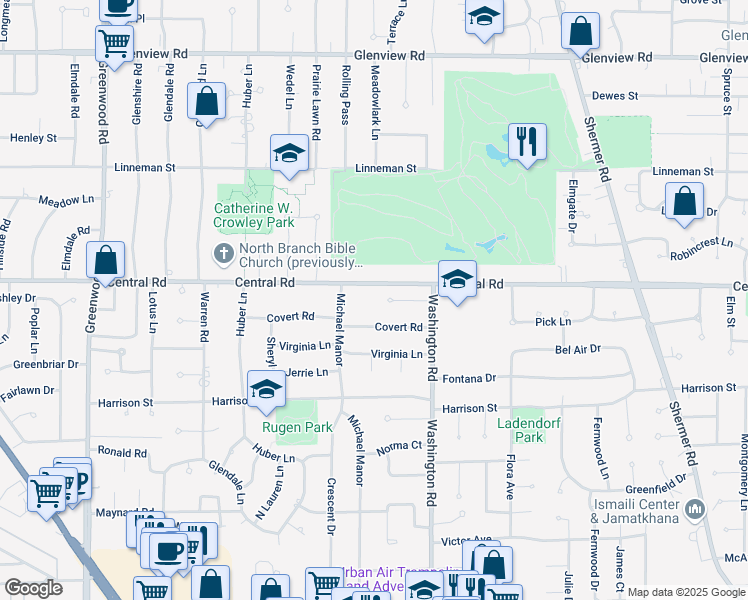 map of restaurants, bars, coffee shops, grocery stores, and more near 2816 Covert Road in Glenview