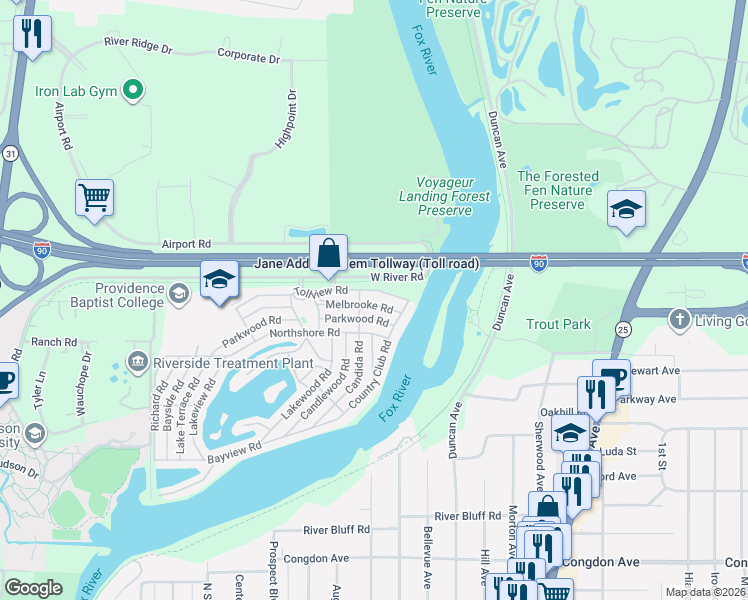 map of restaurants, bars, coffee shops, grocery stores, and more near 91 Melbrooke Road in Elgin