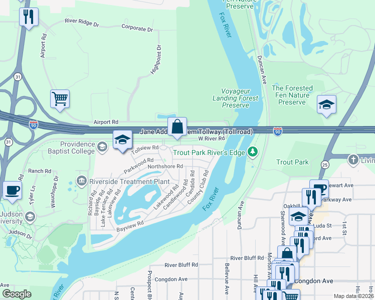 map of restaurants, bars, coffee shops, grocery stores, and more near 120 Parkwood Road in Elgin