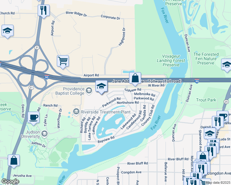 map of restaurants, bars, coffee shops, grocery stores, and more near 180 Northshore Road in Elgin