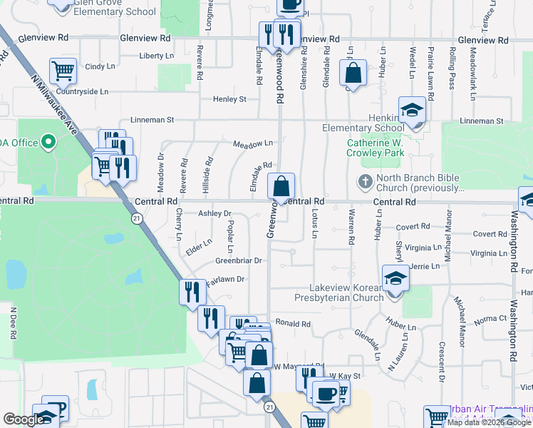 map of restaurants, bars, coffee shops, grocery stores, and more near 404 Glendale Road in Glenview
