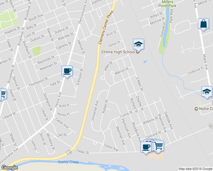 map of restaurants, bars, coffee shops, grocery stores, and more near 264 Allen Street in Elmira