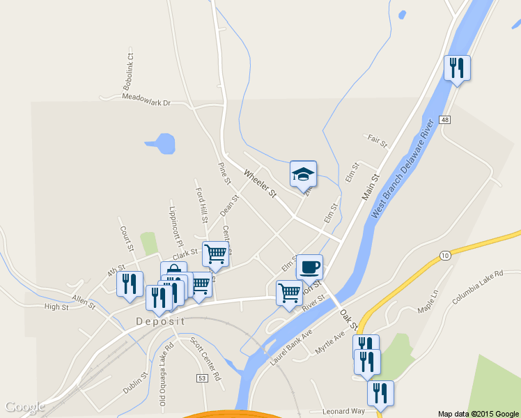 map of restaurants, bars, coffee shops, grocery stores, and more near 66 Pine Street in Deposit