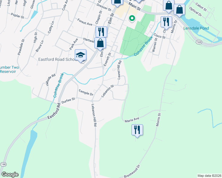 map of restaurants, bars, coffee shops, grocery stores, and more near 84 Lebanon Street in Southbridge