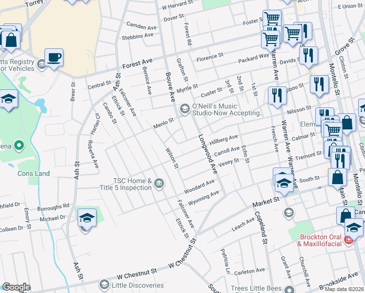 map of restaurants, bars, coffee shops, grocery stores, and more near 40 Willey Street in Brockton