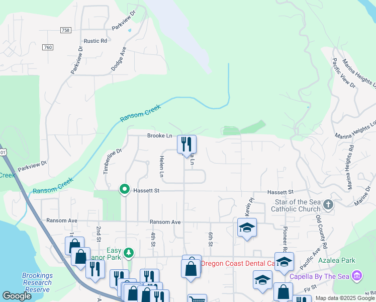 map of restaurants, bars, coffee shops, grocery stores, and more near 975 5th Street in Brookings