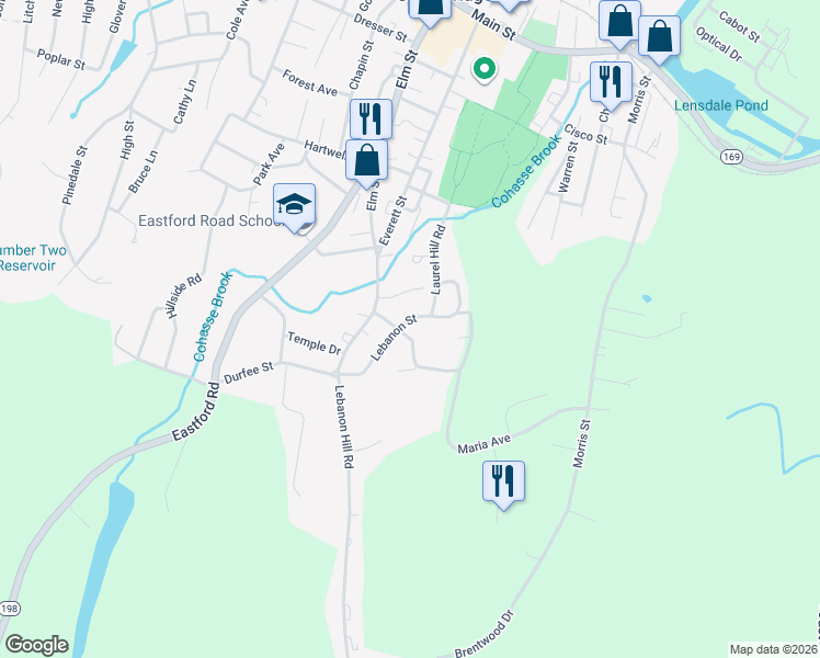 map of restaurants, bars, coffee shops, grocery stores, and more near 84 Lebanon Street in Southbridge
