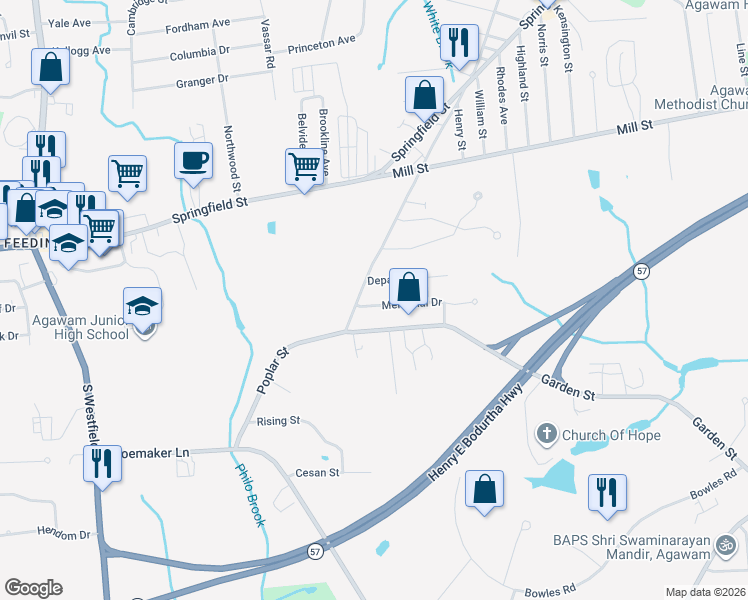 map of restaurants, bars, coffee shops, grocery stores, and more near 17 Memorial Drive in Agawam
