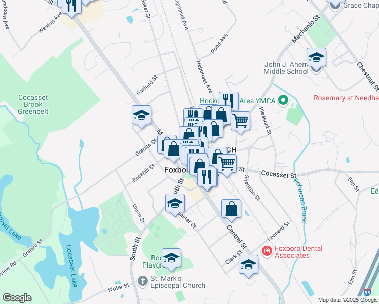 map of restaurants, bars, coffee shops, grocery stores, and more near 13 Bird Street in Foxborough