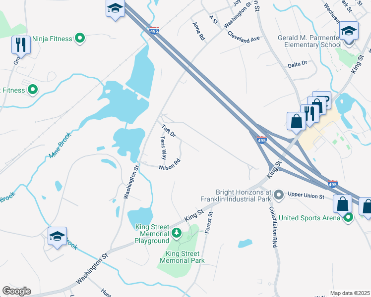 map of restaurants, bars, coffee shops, grocery stores, and more near 14 Taft Drive in Franklin