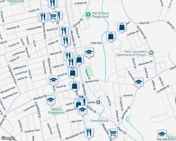 map of restaurants, bars, coffee shops, grocery stores, and more near 206 Clinton Street in Brockton
