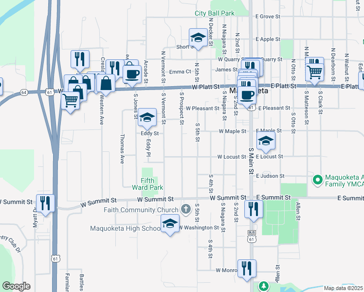 map of restaurants, bars, coffee shops, grocery stores, and more near South Prospect Street in Maquoketa