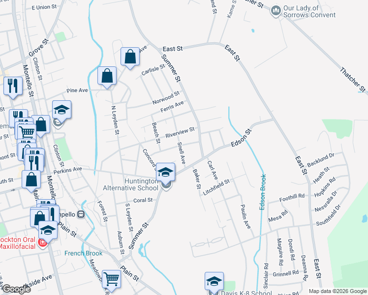 map of restaurants, bars, coffee shops, grocery stores, and more near 43 Snell Avenue in Brockton