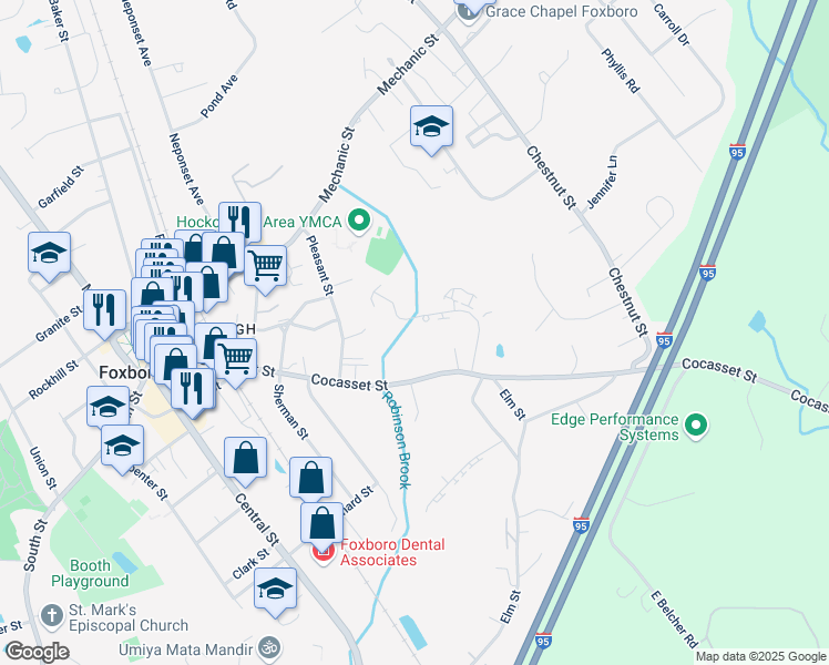 map of restaurants, bars, coffee shops, grocery stores, and more near 19 Fuller Road in Foxborough