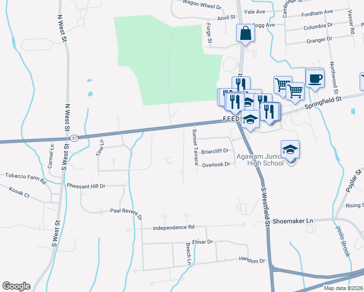 map of restaurants, bars, coffee shops, grocery stores, and more near 12 Hope Farms Drive in Agawam