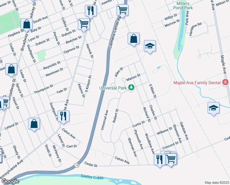map of restaurants, bars, coffee shops, grocery stores, and more near 253 Allen Street in Elmira