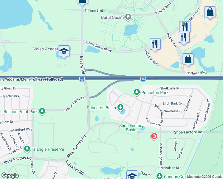 map of restaurants, bars, coffee shops, grocery stores, and more near 2050 Beverly Road in Hoffman Estates