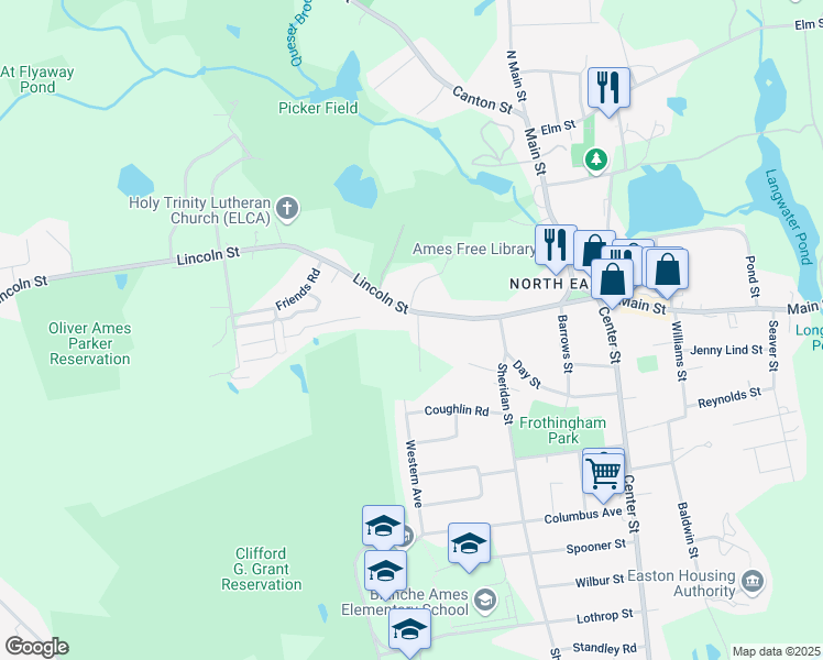 map of restaurants, bars, coffee shops, grocery stores, and more near 89 Lincoln Street in Easton