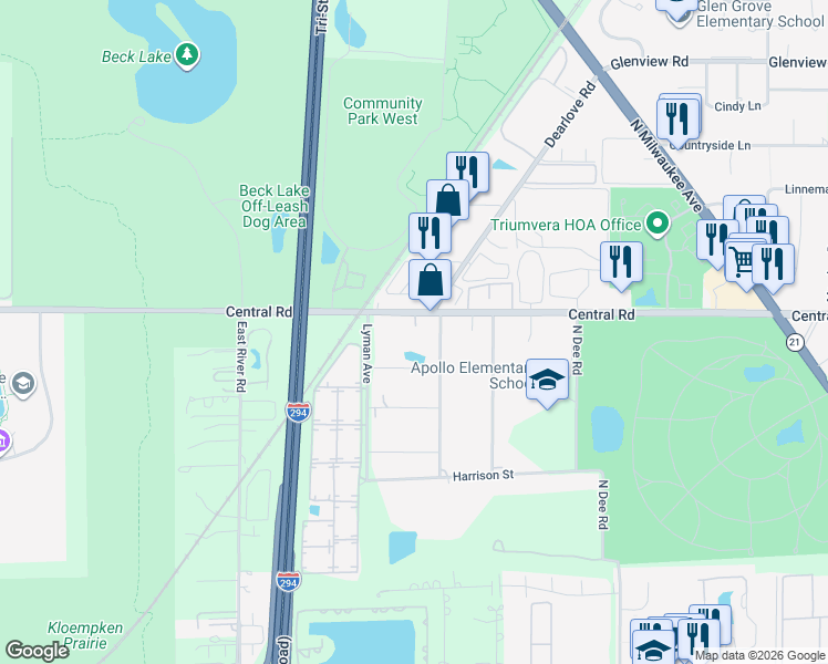 map of restaurants, bars, coffee shops, grocery stores, and more near 10164 Meadow Lane in Des Plaines