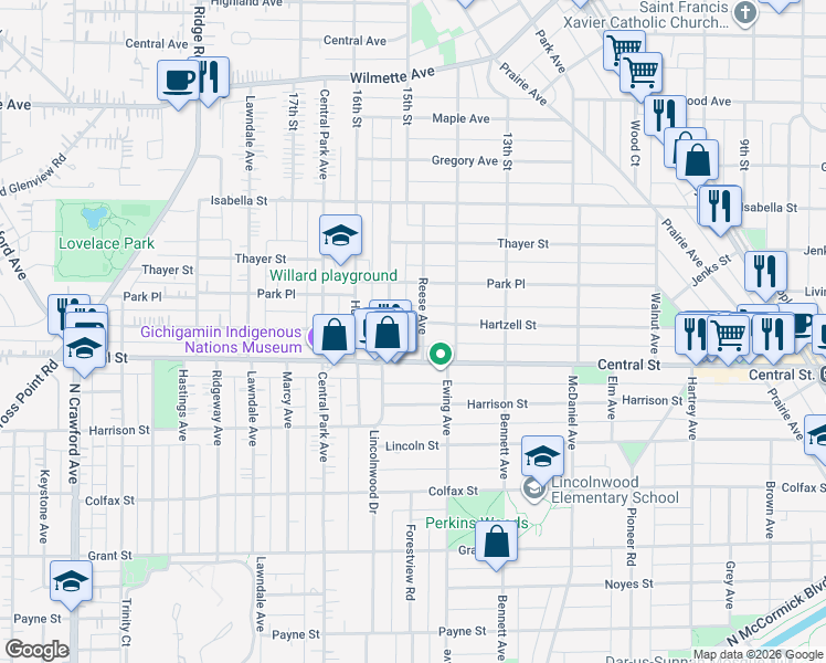 map of restaurants, bars, coffee shops, grocery stores, and more near 2831 Hartzell Street in Evanston