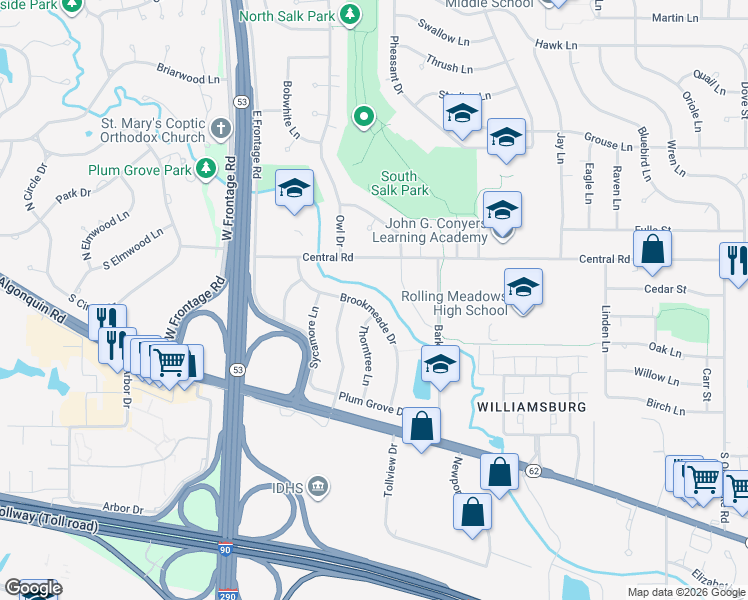 map of restaurants, bars, coffee shops, grocery stores, and more near 4303 Peacock Lane in Rolling Meadows