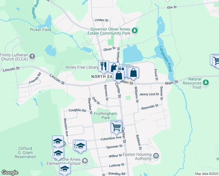 map of restaurants, bars, coffee shops, grocery stores, and more near in Easton