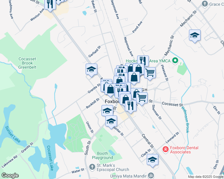 map of restaurants, bars, coffee shops, grocery stores, and more near 25 Main Street in Foxborough