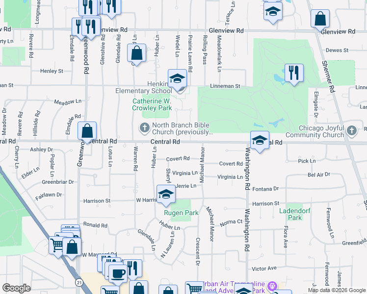 map of restaurants, bars, coffee shops, grocery stores, and more near 600 Fairway Drive in Glenview
